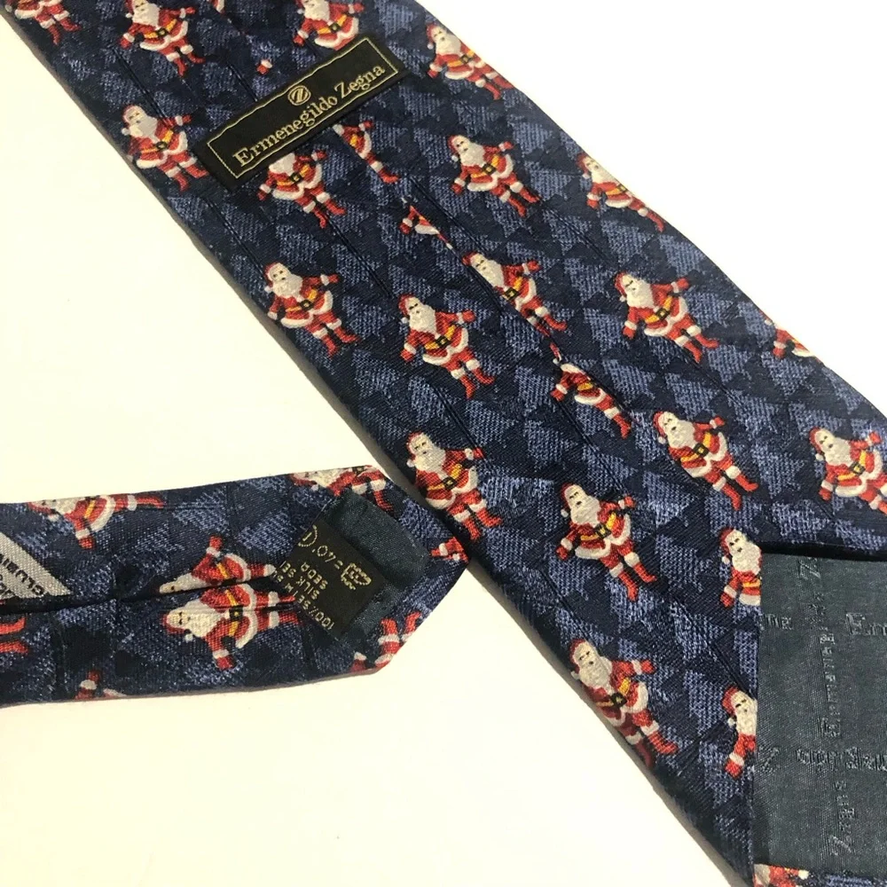 Ermenegildo Zegna Holiday Blue Silk Neck Tie Santa Claus Christmas Trees Luxury
